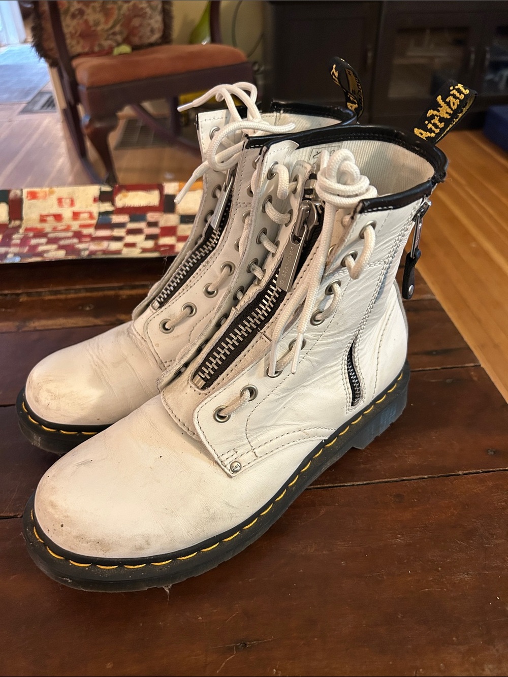 Dr. Martens White Leather Zip & Lace-Up Combat Boots with Yellow Stitching